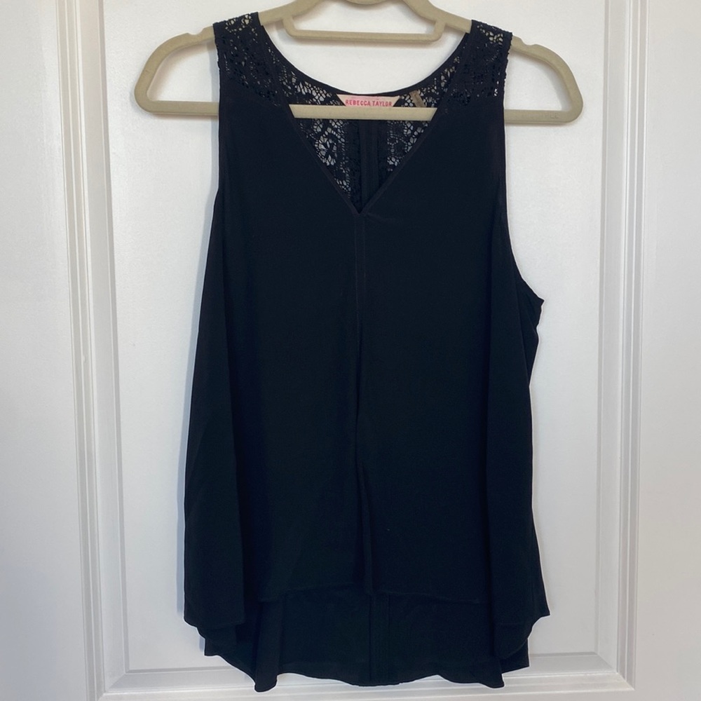 Rebecca taylor black silk sleeveless top lace size 6 v neck high low